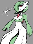  absurd_res breasts cleavage clothed clothing dress eyelashes female gardevoir generation_3_pokemon green_body green_hair grey_background hair hair_over_eye hi_res humanoid looking_at_viewer nintendo one_eye_obstructed pokemon pokemon_(species) red_eyes simple_background solo thick_thighs white_body white_clothing white_dress wide_hips zepiereite 