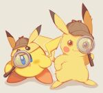  :3 :d blue_eyes blush brown_headwear closed_mouth commentary_request crossover detective detective_pikachu detective_pikachu_(character) hand_on_own_hip hand_up hat holding holding_magnifying_glass kirby kirby_(series) magnifying_glass open_mouth pikachu pokemon smile standing wusagi2 yellow_fur 