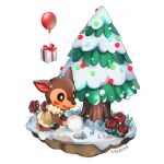  1girl animal_crossing artist_name balloon blush blush_stickers box brown_coat christmas_ornaments christmas_tree coat commentary deer_girl english_commentary eyelashes fauna_(animal_crossing) faux_figurine flower fur-trimmed_coat fur_trim furry furry_female gift gift_box grass kneeling open_mouth plant red_flower red_rose rock rose simple_background sleeveless sleeveless_coat smile snow snowball snowing solo sparkle stepping_stones syertse tree white_background winter 