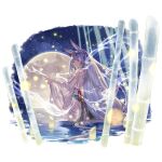  1girl animal_ears bamboo full_moon granblue_fantasy hair_ornament japanese_clothes kaguya_(granblue_fantasy) long_hair minaba_hideo moon official_art rabbit_ears red_eyes sky star_(sky) starry_sky third-party_source transparent_background wading water wet wet_clothes white_hair 
