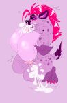  anthro big_breasts bodily_fluids breasts claws dipstick_tail eyebrows feet female fingers hi_res huge_breasts hyena inner_ear_fluff lactating mammal markings milk nipples pink_eyes pink_inner_ear_fluff pink_nipples purple_eyebrows purple_nose red_claws self_suckle solo spots spotted_hyena tail tail_markings toes tuft werequeenroz 