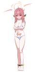  1girl alternate_costume aru_(blue_archive) bikini blue_archive blush breasts commentary_request halo highres horns large_breasts long_hair looking_at_viewer navel nonsugar open_mouth pink_hair sideboob simple_background smile solo stomach swimsuit underboob white_background yellow_eyes 