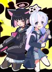  absurdres animal_ears black_hair black_pantyhose blue_archive cat_ears halo highres kazusa_(blue_archive) long_hair looking_at_viewer multicolored_hair pantyhose pink_eyes pink_hair purple_eyes purple_hair reisa_(blue_archive) thighs thomason366 two-tone_hair 