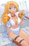  1girl blonde_hair blue_eyes breasts cleavage dark-skinned_female dark_skin dated earrings gloves golden_axe golden_axe:_the_duel highres jewelry long_hair looking_at_viewer milan_flare necklace open_mouth oyster_(artist) signature smile solo sword weapon 