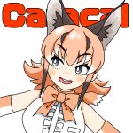  1girl animal_ears bare_shoulders blue_eyes bow bowtie caracal_(kemono_friends) cat_ears cat_girl elbow_gloves extra_ears gloves highres kemono_friends kemono_friends_v_project long_hair o87 open_mouth orange_hair shirt simple_background sleeveless sleeveless_shirt solo upper_body virtual_youtuber 