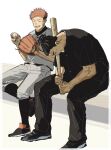  2boys :d ^_^ alternate_costume baseball baseball_(object) baseball_bat baseball_mitt black_hair closed_eyes full_body highres holding holding_baseball_bat itadori_yuuji jujutsu_kaisen male_focus multiple_boys nandemotokasu pants scar scar_across_eye short_hair sideburns sitting smile toudou_aoi_(jujutsu_kaisen) undercut 