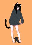  1girl animal_ear_fluff animal_ears barefoot black_cat black_hair black_hoodie blush_stickers cat cat_ears cat_girl cat_stretch cat_tail closed_mouth commentary_request full_body highres hood hood_down hoodie long_sleeves megateru orange_background original puffy_long_sleeves puffy_sleeves simple_background sleeves_past_wrists smile solo standing stretching tail 