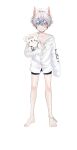  1boy absurdres androgynous animal_ears bandaged_leg bandages bandaid bandaid_on_cheek bandaid_on_face black_male_underwear blue_eyes boxer_briefs cat_boy cat_ears collarbone full_body highres holding holding_stuffed_toy hood hooded_jacket ibuki_tatsu indie_virtual_youtuber jacket long_sleeves looking_at_viewer male_child male_focus male_underwear mars_symbol_hair_ornament short_hair smile standing stethoscope stuffed_toy tatsu_wan underwear virtual_youtuber white_hair white_jacket 
