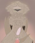  absurd_res anal anal_penetration avian balls beak beak_markings bird blush bodily_fluids brown_body brown_feathers brown_fur chest_tuft duo erection eyes_closed feathers fur genital_fluids genitals hands_behind_back hi_res humanoid kneeling looking_pleasured lustdevil male male/male markings neck_tuft open_mouth owl penetration precum sex simple_background smile tail_feathers tuft unknown_species 