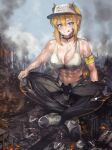  1girl :q abs armband bandaid bandaid_on_cheek bandaid_on_face bare_shoulders black_choker blonde_hair blue_sky blush breasts building choker city cleavage cloud collarbone commentary debris destruction ear_piercing earpiece full_body giant giantess goddess_of_victory:_nikke green_eyes hair_between_eyes indian_style looking_down maxwell_(nikke) mechanical_legs medium_breasts midriff multiple_piercings navel outdoors piercing rubble ruins short_hair short_hair_with_long_locks sidelocks sitting sky smile solo_focus sports_bra sweat tongue tongue_out visor_cap white_headwear white_sports_bra yilx 