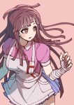  1girl :o absurdres apron bandaged_arm bandages breasts brown_background brown_eyes brown_hair collared_shirt cowboy_shot danganronpa_(series) danganronpa_2:_goodbye_despair hand_up highres large_breasts long_hair looking_to_the_side mole mole_under_eye pink_shirt puffy_short_sleeves puffy_sleeves shirt short_sleeves simple_background solo tsumiki_mikan two-tone_shirt white_apron youko-shima 