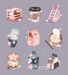  bottle can canned_food cherry_blossoms chopsticks coffee cup disposable_cup fish food food_focus fruit_sandwich ghost grey_background highres ice_cream lineup no_humans onigiri original package pudding sakuramon simple_background soft_serve spoon stellateart tea tiramisu 