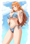  1girl arm_tattoo artist_name bare_arms bare_shoulders bikini blue_bikini blue_sky blush breasts cloud cowboy_shot floral_print hands_up highres jedbanner large_breasts long_hair looking_ahead nami_(one_piece) navel one_piece orange_eyes orange_hair parted_lips print_bikini side-tie_bikini_bottom sky solo standing stomach swimsuit tattoo teeth 