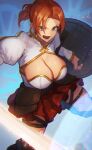  1girl absurdres batayu blue_eyes boudica_(fate) breasts earrings fate/grand_order fate_(series) gold_trim highres holding holding_shield holding_sword holding_weapon jewelry large_breasts open_mouth red_hair red_skirt round_teeth shield short_hair side_ponytail skirt sword teeth weapon 