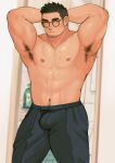  1boy abs armpit_hair armpits arms_behind_head bara black-framed_eyewear black_hair blush bulge chest_hair earrings facial_hair feet_out_of_frame glasses goatee highres indoors jewelry large_pectorals long_sideburns looking_to_the_side male_focus mature_male muscular muscular_male navel navel_hair nipples original paid_reward_available pectorals presenting_armpit shan_(shanshankuo) short_hair sideburns solo standing stomach sweat thick_eyebrows tsi-ho_(shan) 