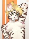  2023 anthro areola blonde_hair breasts esther_(egyptianbeauty) felid female fur green_eyes hair half-length_portrait hi_res looking_at_viewer mammal nipples nude o.z.y. pantherine portrait simple_background smile solo stripes tiger white_body white_fur 