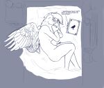  accipitrid accipitriform animal_humanoid anthro avian bed bird book breasts buteo butt chickenhawk container cup digital_media_(artwork) female firstletterj furniture hi_res humanoid inside lying monochrome nude phone red-tailed_hawk signature simple_background solo wings 