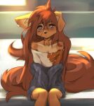  2023 absurd_res anthro apogee_(tinygaypirate) breasts canid canine canis clothed clothing digital_media_(artwork) domestic_dog female female_anthro floppy_ears fur hair hi_res kemono long_hair looking_at_viewer mammal piercing sad sitting small_breasts solo spitz tattoo tinygaypirate 