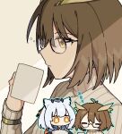  2girls arknights black_gloves blue_jacket brown_background brown_hair brown_sweater chibi closed_eyes commentary cup feather_hair from_side frown glasses gloves holding holding_cup jacket long_sleeves looking_at_another maguro_kan mug multiple_girls orange_eyes outline pixelated profile ptilopsis_(arknights) ribbed_sweater semi-rimless_eyewear shaded_face short_hair silence_(arknights) sleeping sweater upper_body white_background white_hair zzz 
