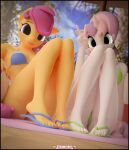  3d_(artwork) absurd_res anthro anthrofied bikini breasts clothing digital_media_(artwork) duo equid equine female friendship_is_magic gesture hair hasbro hi_res horn mammal my_little_pony purple_hair scootaloo_(mlp) slippers steamyart sweetie_belle_(mlp) swimwear unicorn v_sign 