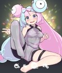  1girl bare_shoulders blush bow-shaped_hair breasts character_hair_ornament hair_ornament icon_(computing) iono_(pokemon) kutabireta_neko legs long_hair multicolored_hair no_shoes open_mouth pink_eyes pink_hair pokemon pokemon_(game) pokemon_sv sharp_teeth single_leg_pantyhose sitting sleeveless solo taking_picture teeth thigh_strap toes twintails two-tone_hair v 