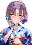  1girl absurdres ahoge animal_print aqua_eyes aqua_hair asakura_toru blue_kimono blue_nails commentary_request earrings fish_print flower gradient_hair grey_hair hair_flower hair_ornament hand_on_own_chest highres idolmaster idolmaster_shiny_colors japanese_clothes jewelry kimono looking_at_viewer multicolored_hair parted_bangs print_kimono puni_(punycolors) ramune short_hair solo two-tone_hair upper_body white_background 
