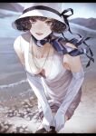  1girl bare_shoulders beach black_hair black_thighhighs bob_cut breasts dress elbow_gloves gloves grey_eyes hat highres jewelry kaoming lake looking_at_viewer mountain necklace original outdoors pearl_necklace sleeveless sleeveless_dress solo teeth thighhighs white_dress white_gloves 