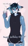  absurd_res anthro beverage blue_body derio_(kakhao) english_text fish hi_res holding_beverage holding_object kakhao looking_at_viewer male marine orange_eyes shark simple_background smile solo sportswear text 