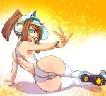  1girl :d animal_ear_headphones animal_ears arm_support ass backless_outfit blue-framed_eyewear blue_eyes blue_footwear brown_hair cameltoe cat_ear_headphones ez6 fake_animal_ears fang from_side full_body gradient_background hands_up headphones high_ponytail leotard looking_at_viewer lying on_side original semi-rimless_eyewear shoe_soles shoes sidelocks smile sneakers solo thighhighs thighs under-rim_eyewear visor_cap watch white_background white_headphones white_leotard white_thighhighs wristwatch yellow_background 