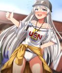 1girl absurdres azur_lane black_headwear blurry blurry_background blush bra_strap cabbie_hat clothes_around_waist commentary_request cowboy_shot crotch_seam day depth_of_field enterprise_(anniversary_ride)_(azur_lane) enterprise_(azur_lane) eyewear_on_headwear flying_sweatdrops grey_eyes grey_hair hand_on_own_hip hat highres jacket jacket_around_waist jewelry long_hair necklace no_pants off-shoulder_shirt off_shoulder official_alternate_costume open_mouth outdoors panties partial_commentary print_shirt shirt short_sleeves smile solo sports_panties standing sunglasses sweatdrop t-shirt thumbs_up underwear very_long_hair white_panties white_shirt yellow_jacket zanntetu 