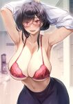  1girl armpits black_hair black_skirt blush bra breasts cleavage collarbone commentary_request glasses hair_bun hair_ornament hairclip highres himamo huge_breasts looking_at_viewer navel office_lady original red-framed_eyewear red_bra red_eyes semi-rimless_eyewear shirt sidelocks skindentation skirt smile solo standing sweat under-rim_eyewear underwear white_shirt 