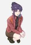  1girl absurdres black_dress boots dress green_socks highres jacket katsuragi_misato meibing_uc neon_genesis_evangelion ponytail purple_hair scowl socks solo squatting white_background 