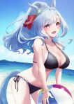  1girl animal_ears ball beach beachball bikini black_bikini blue_hair blue_sky braid cloud commentary_request crown_braid day highres horizon horse_ears horse_girl horse_tail kitsune_yuki leaning_forward long_hair mejiro_ardan_(umamusume) ocean outdoors purple_eyes side-tie_bikini_bottom sky solo swimsuit tail umamusume 