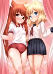  2girls absurdres animal_ear_fluff animal_ears black_sailor_collar black_skirt blonde_hair blue_eyes blush breasts brown_eyes buruma closed_mouth commentary_request commission curtains feet_out_of_frame grin gym_shirt gym_uniform highres inyucchi long_hair long_sleeves multiple_girls orange_hair original pixiv_commission pleated_skirt puffy_short_sleeves puffy_sleeves red_buruma sailor_collar school_uniform serafuku shirt short_sleeves skirt small_breasts smile twintails very_long_hair white_shirt 