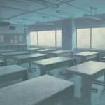  blue_theme classroom commentary_request desk fluorescent_lamp gensuke_(ryun) highres indoors no_humans original scenery school school_desk stool variant_set window 
