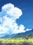  1girl absurdres bare_shoulders black_hair blue_sky bow cloud day detached_sleeves grass hair_bow hakurei_reimu highres japanese_clothes long_hair nontraditional_miko oubachiago outdoors red_bow scenery signature sky solo torii touhou white_sleeves wide_sleeves 