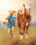 1boy absurdres arrow_(projectile) belt blonde_hair blue_eyes blue_tunic boots bow_(weapon) bridle brown_footwear fingerless_gloves gloves highres horse link looking_to_the_side medium_hair myukom open_mouth outdoors pants pointy_ears running saddle tagme the_legend_of_zelda the_legend_of_zelda:_breath_of_the_wild weapon wheat_field 