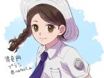  1girl braid breast_pocket brown_eyes brown_hair closed_mouth collared_shirt commentary_request eyelashes hat hatori_a juliana_(pokemon) necktie pocket pokemon pokemon_(game) pokemon_sv school_uniform shirt short_sleeves smile solo twitter_username upper_body watermark white_shirt 