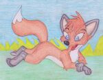  blue_eyes canid canine female feral fox fur jungledyret_hugo lying mammal otherart paws red_body red_fur rita_(jungledyret) smile solo tongue tongue_out traditional_media_(artwork) 