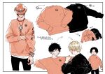  3boys bead_necklace beads black_hair black_pants black_shirt blonde_hair blush bracelet clenched_hand closed_eyes clothes_grab commentary_request cowboy_shot grin hat highres jewelry long_sleeves male_focus monkey_d._luffy multiple_boys nata_kokone necklace one_piece open_mouth orange_shirt outstretched_arms pants portgas_d._ace sabo_(one_piece) shirt short_hair sleeve_grab smile teeth upper_body watch white_background wristwatch 