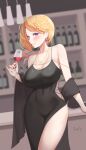  1girl absurdres aki_rosenthal bare_shoulders black_dress blonde_hair blush breasts cleavage collarbone commentary covered_navel cup dress drinking_glass harry_(dudwofla) highres holding holding_cup hololive jewelry korean_commentary large_breasts looking_at_viewer necklace purple_eyes short_hair smile solo thighs virtual_youtuber wine_glass 