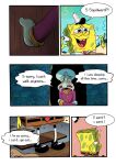 anthro bodily_fluids cephalopod coleoid comic crying detailed_background dialogue duo english_text frown hi_res male marine mollusk nickelodeon octopodiform octopus on_model pancaketiffy sea_sponge smile speech_bubble spongebob_squarepants spongebob_squarepants_(character) squidward_tentacles tears text toony 