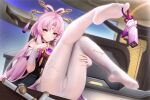  1girl bow-shaped_hair constellation feet feet_up forehead_jewel fu_xuan_(honkai:_star_rail) hair_ornament hair_rings hair_stick hairpin highres honkai:_star_rail honkai_(series) leggings legs legs_up looking_at_viewer low_twintails pantyhose pink_hair pink_tassel purple_rope rope soles thighhighs toes twintails ushiko_xiansheng white_leggings white_pantyhose white_thighhighs yellow_eyes 