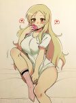  1girl blonde_hair blush breasts cellphone collarbone covering_privates hair_ornament hairclip heart highres holding holding_phone large_breasts leg_up long_hair looking_at_viewer nervous no_panties no_pants on_bed pencilanon phone pink_socks red_eyes senran_kagura shiki_(senran_kagura) shirt short_sleeves simple_background sitting smartphone socks solo sweat t-shirt traditional_media white_shirt 