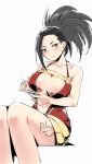  1girl artist_name bare_shoulders black_hair bodysuit boku_no_hero_academia breasts cellphone collarbone frown grey_eyes highres holding holding_phone large_breasts looking_at_viewer navel open_bodysuit open_clothes phone ponytail relaxjon signature simple_background sitting smartphone solo white_background yaoyorozu_momo 