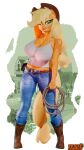  4k 9:16 absurd_res anthro applejack_(mlp) belt belt_buckle belt_pouch big_breasts blender_(software) boots bottomwear breasts cleavage clothed clothing cowboy_boots cowboy_hat denim denim_clothing equid equine female footwear freckles freckles_on_breasts friendship_is_magic hands_behind_head hasbro hat headgear headwear hi_res jeans mammal muscular muscular_female my_little_pony one_eye_closed pants rope shirt simple_background smile smiling_at_viewer solo spread_legs spreading tank_top topwear trailssfm wink 