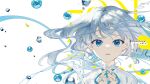  1girl blue_eyes blue_ribbon bubble floating_hair highres interlocked_fingers lace_collar looking_at_viewer medium_hair omutatsu original parted_lips portrait ribbon shirt solo white_background white_hair white_shirt 