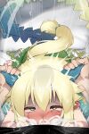  1boy 1girl absurdres bar_censor blonde_hair blush censored cheek_bulge commission coral_(summon_night) crying crying_with_eyes_open cum cum_in_mouth cum_in_nose deepthroat dress ear_blush ejaculation erection fellatio green_dress hair_between_eyes hetero highres horn_grab horns huge_penis long_hair looking_at_viewer mizumizuni nose_blush nose_bubble oral overflow penis pov rolling_eyes saliva sitting skeb_commission soles solo_focus summon_night summon_night_4 sweat tail tears veins veiny_penis yellow_eyes 