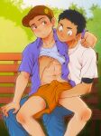  2boys abs baseball_cap bench blush clothes_lift commentary denim earrings grabbing hand_on_another&#039;s_shoulder hat highres jeans jewelry male_focus multiple_boys muscular muscular_male navel original pants penis_grab shirt_lift shorts torte_(triggerhappy) tree yaoi 