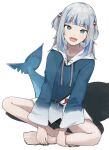  1girl bare_legs barefoot blue_eyes blue_hair blue_hoodie collarbone commentary eyelashes fins fish_tail gawr_gura gawr_gura_(1st_costume) grey_hair hair_ornament highres hololive hololive_english hood hood_down hoodie long_sleeves looking_at_viewer multicolored_hair open_mouth shadow shark_girl shark_hair_ornament shark_print shark_tail sharp_teeth simple_background sitting solo streaked_hair symbol-only_commentary tail teeth toes two_side_up ushiwaka virtual_youtuber white_background wide_sleeves 